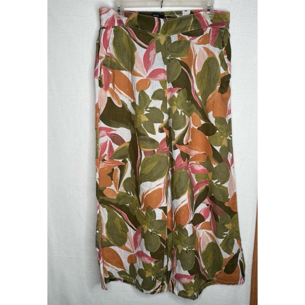 Tahari 100% Linen Tropical Floral Wide Leg Culotte Crop Pants L Palazzo EUC